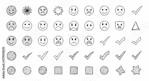 Illustration showing a variety of hand drawn doodle style emoticons check marks and geometric shapes design 100