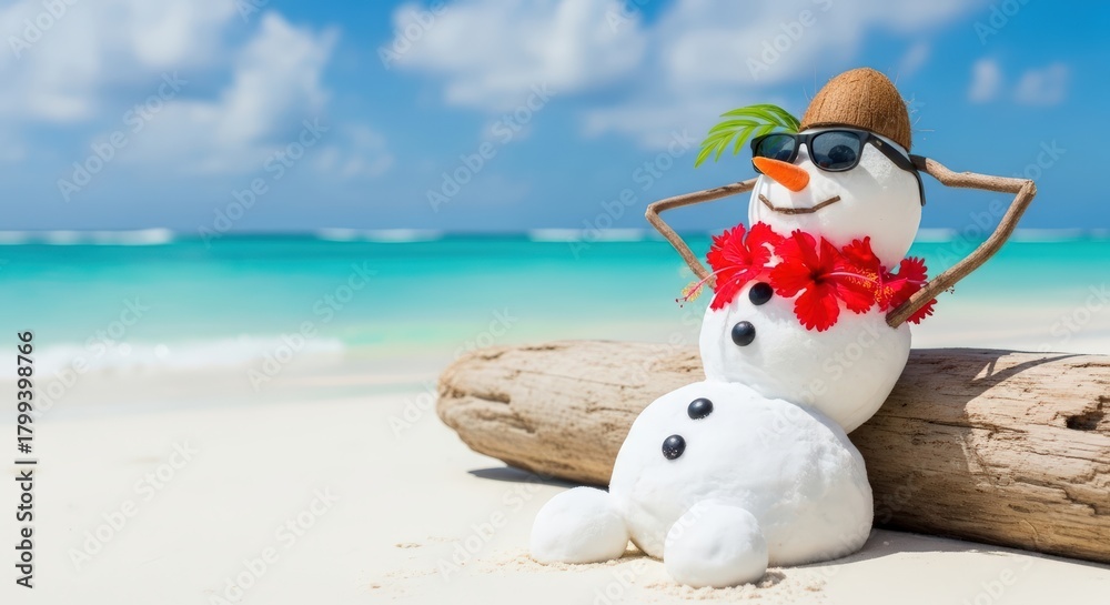 Naklejka premium Christmas. Snowman wearing sunglasses and a straw hat, relaxing on a tropical beach with ocean waves in the background, embodying a fun and festive holiday spirit