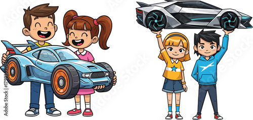 Happy cartoon children holding giant toy cars, playful kids displaying futuristic and classic racing vehicles in fun vibrant illustration for stock design