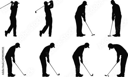 Silhouettes of golfers performing various swing and putting positions, showcasing golf technique, athletic movement, training posture, and professional sports action for design use.