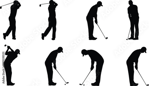 Silhouettes of golfers in various swing positions, demonstrating athletic movement, golf technique, sports training, and professional posture for instructional or design use.