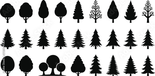 Tree icons collection, mixed deciduous and evergreen silhouettes, natural botanical shapes, forest illustration set for eco design and creative projects