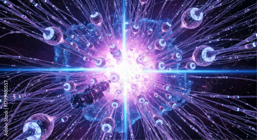 Abstract rendering of glowing orbs with tendrils converging towards a central bright light source