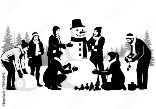 A group of friends happily building a snowman together in a winter scene.