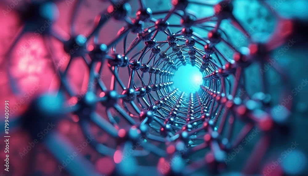 Fototapeta premium Microscopic view inside a carbon nanotube structure. Atoms form a hexagonal lattice creating a futuristic tunnel. Abstract science and tech concept.