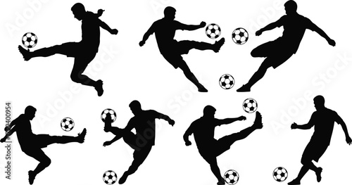 Soccer player action silhouettes kicking football, dynamic sport poses, athletic movement vector illustration for training, competition, teamwork, fitness, and game design