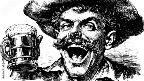 Man with a mustache joyfully holding a beer mug. Vintage hand-drawn vector illustration perfect for a celebratory theme.
