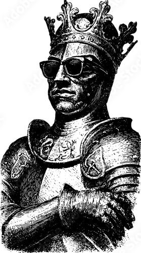 King wearing sunglasses in vintage engraving style. Detailed black outline illustration featuring regal elements in a vector set.