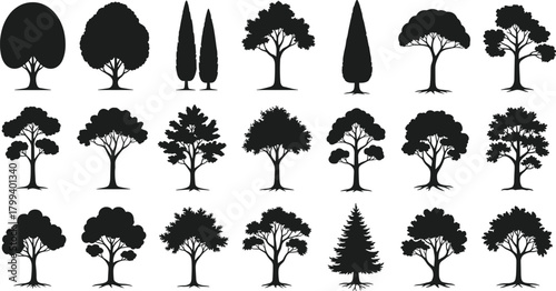 Collection of diverse tree silhouettes in various shapes and styles, natural forest illustration set, botanical vector elements for landscape design
