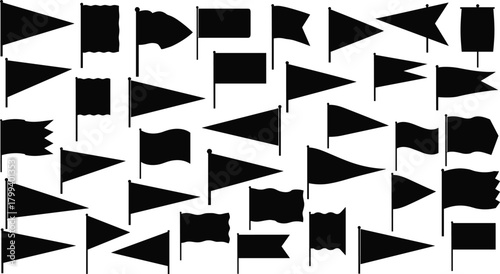 Collection of various flag silhouettes in different shapes and styles, banner icons, black vector flags for design, decoration, navigation, illustration