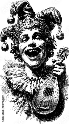 Clown character in an antique engraving style. Happy expression holding a mandolin in a festive set. Vintage vector illustration.