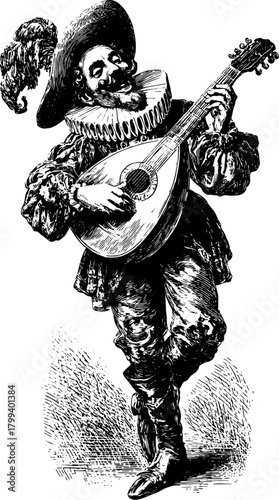 Musician playing a string instrument in silhouette. Vintage hand-drawn vector illustration focusing on cultural expression and historical themes.