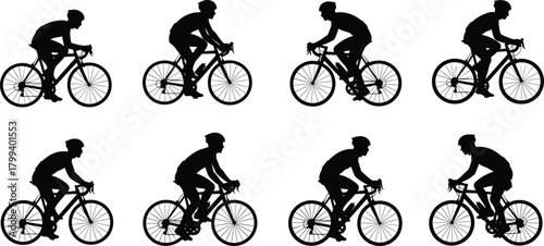 Silhouette cyclists riding bicycles in various positions, sporty bike riders collection, fitness cycling illustration set, active transportation design elements