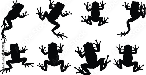 Silhouette frogs in various jumping poses, black amphibian outlines, wildlife graphic elements, nature themed design set isolated on white background
