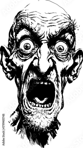 Scary face with an angry scream expression. Vintage engraved illustration in black outline and stipple style vector set.