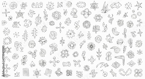 Collection of hand drawn abstract shapes and symbols in black and white sketch style illustration graphic design