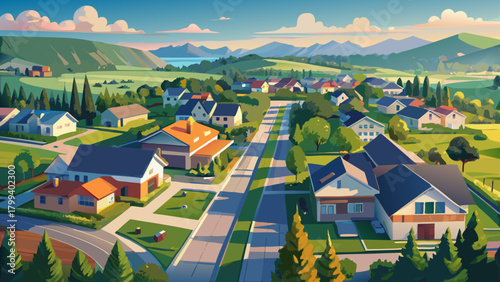 Very beautiful aerial view of a suburban residential neighborhood complex, showcasing neatly arranged houses, winding streets, green yards, and a calm, well-planned community layout under clear daylig