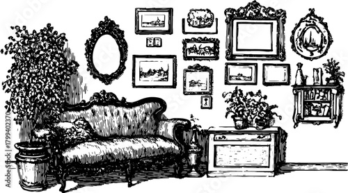 Engraving of a vintage living room scene. Detailed vector illustration featuring a sofa, potted plant, and framed pictures on the wall in black outline style.