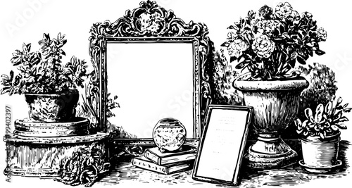 Antique engraving featuring a framed silhouette with plants in pots. Hand-drawn illustration showcasing vintage decor elements in a set.