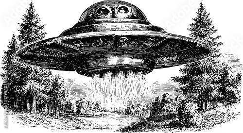UFO engraving in antique style. Detailed black vector illustration featuring a flying object above trees in a vintage set.
