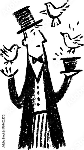 Magician performing with birds. Hand-drawn black silhouette illustration featuring a top hat and tuxedo, in vector style.