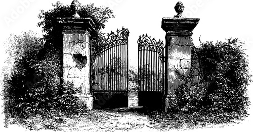 Iron gate with stone pillars and ornamental details. Vintage garden entrance in black and white vector illustration.