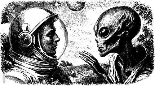 Astronaut and alien in engraving style. Black outline vector illustration depicting a conversation set in space.