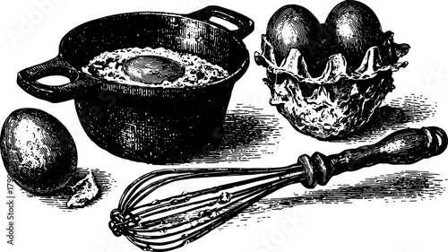 Vintage engraving of eggs, a whisk, and a pot. Set of hand-drawn kitchenware vector illustrations depicting cooking tools and ingredients.