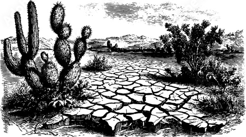 Cactus landscape engraving in black outline. Vintage illustration of dry terrain with cracked ground and desert plants, vector set.