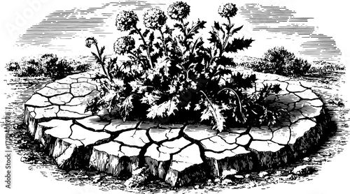 Antique engraving of a flowering plant with roots. Detailed black outline vector illustration capturing vintage aesthetics of nature.