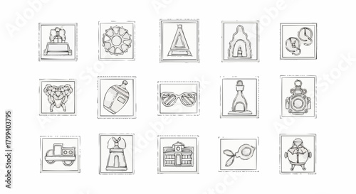 A collection of fifteen sketches of various objects including vehicles, tools, and decorative items