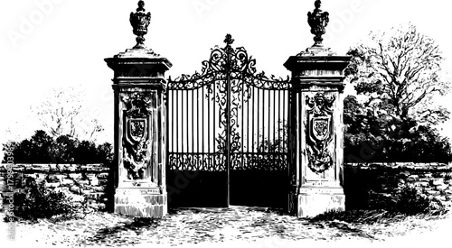 Ornate iron gate with classical pillars in a vintage style. Black and white vector illustration of an elegant architectural entrance.