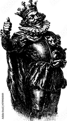 King silhouette with raised thumb. Antique hand-drawn vector illustration in black and white, showcasing vintage style and regal details.