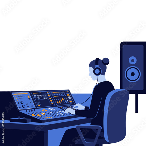 Vector illustration of audio engineer working at mixing console in studio setup