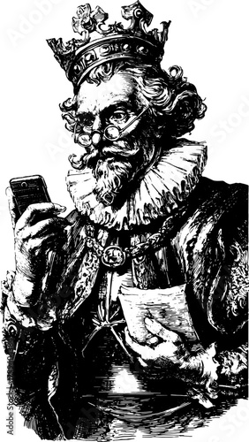 Royal king with a crown and phone. Vintage vector illustration in black line drawing style, showcasing historical elegance in set form.