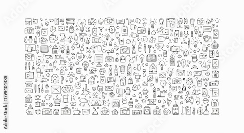 Collection of hand drawn doodle elements featuring cameras lightbulbs houses and various other objects