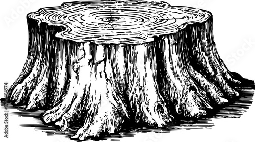 Antique tree stump engraving with detailed wood texture. Vintage black outline drawing in vector format, showcasing the roots in a precise illustration.