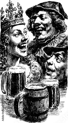 Vintage engraving featuring cheerful people with beer mugs. Hand-drawn illustration in a classic tavern setting, showcasing joyful expressions in a vector style.