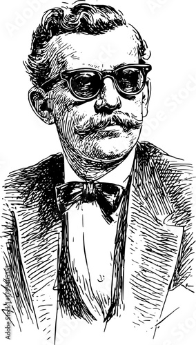 Engraving of a historical male figure. Vintage hand-drawn illustration features a bowtie and glasses in a classic vector style.