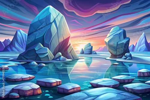 Silent icy ocean with giant icebergs vector cartoon, frozen surface and pale blue horizon under soft winter sunlight