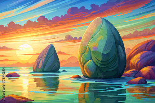 Peaceful sea with glowing golden sunlight reflecting on water, smooth waves and soft pastel sky at sunset