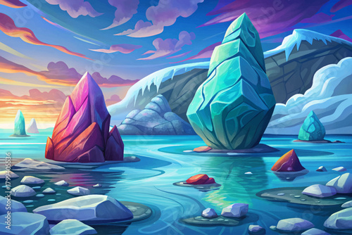 Silent icy ocean with giant icebergs vector cartoon, frozen surface and pale blue horizon under soft winter sunlight