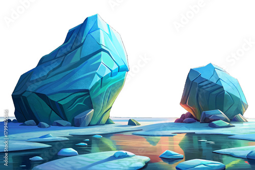 Silent icy ocean with giant icebergs vector cartoon, frozen surface and pale blue horizon under soft winter sunlight