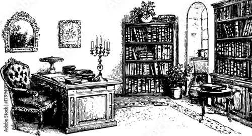 Antique room vector illustration featuring a detailed desk, bookshelf, and elegant candle arrangement. This hand-drawn set captures a vintage workspace ambiance.