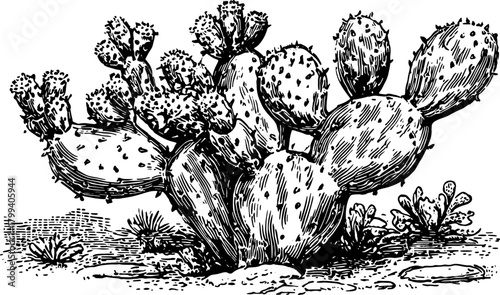 Cactus illustration in black and white outline style. Vintage vector drawing featuring detailed characteristics in a decorative set.