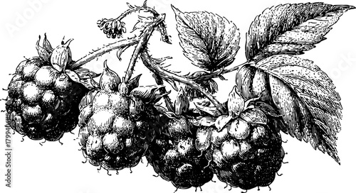 Raspberry in black and white outline style. Vintage illustration depicting detailed leaves and fruit set on a simple background. Vector artwork.