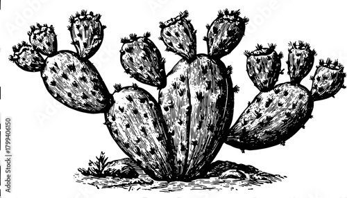 Cactus plant with prickly pear pads in vintage engraving style. Black and white botanical vector illustration with detailed texture.