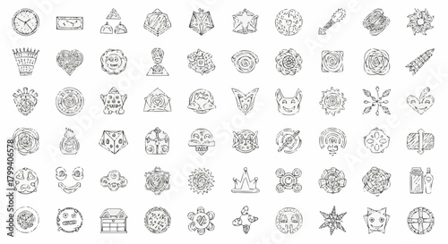 Collection of various hand drawn doodle icons and symbols including clock, heart, house and abstract shapes