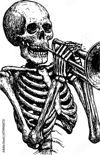 Skeleton playing a trumpet in black and white outline. Vintage engraving-style vector illustration features detailed craftsmanship.