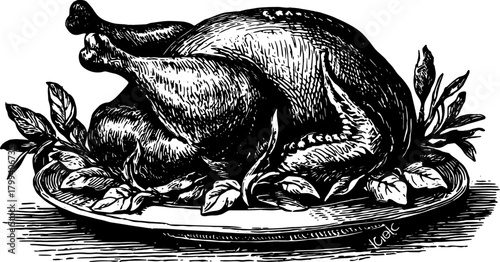 Roast chicken on a vintage platter with leaves in a detailed black and white outline. This illustration captures a classic cooking style in vector art.